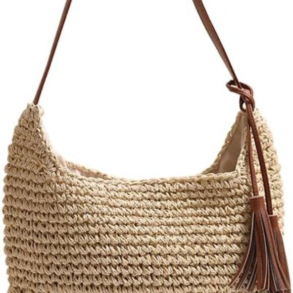 Women's Straw Woven Tote Bag Handmade Boho Summer Beach Travel Purse Fashion - Picture 1 of 8